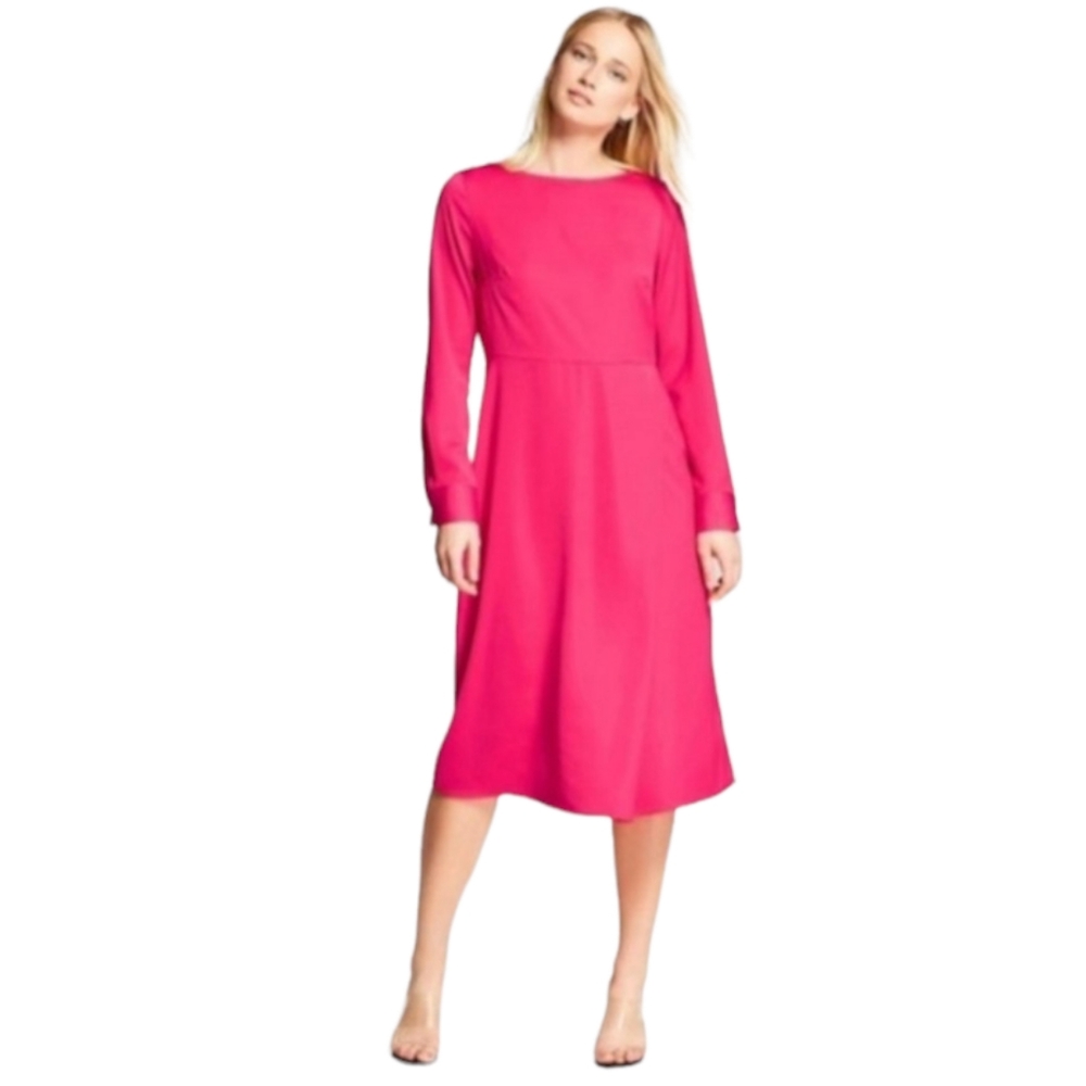 NEW WHO WHAT WEAR Hot Pink Long Sleeve Midi Dress X-Small